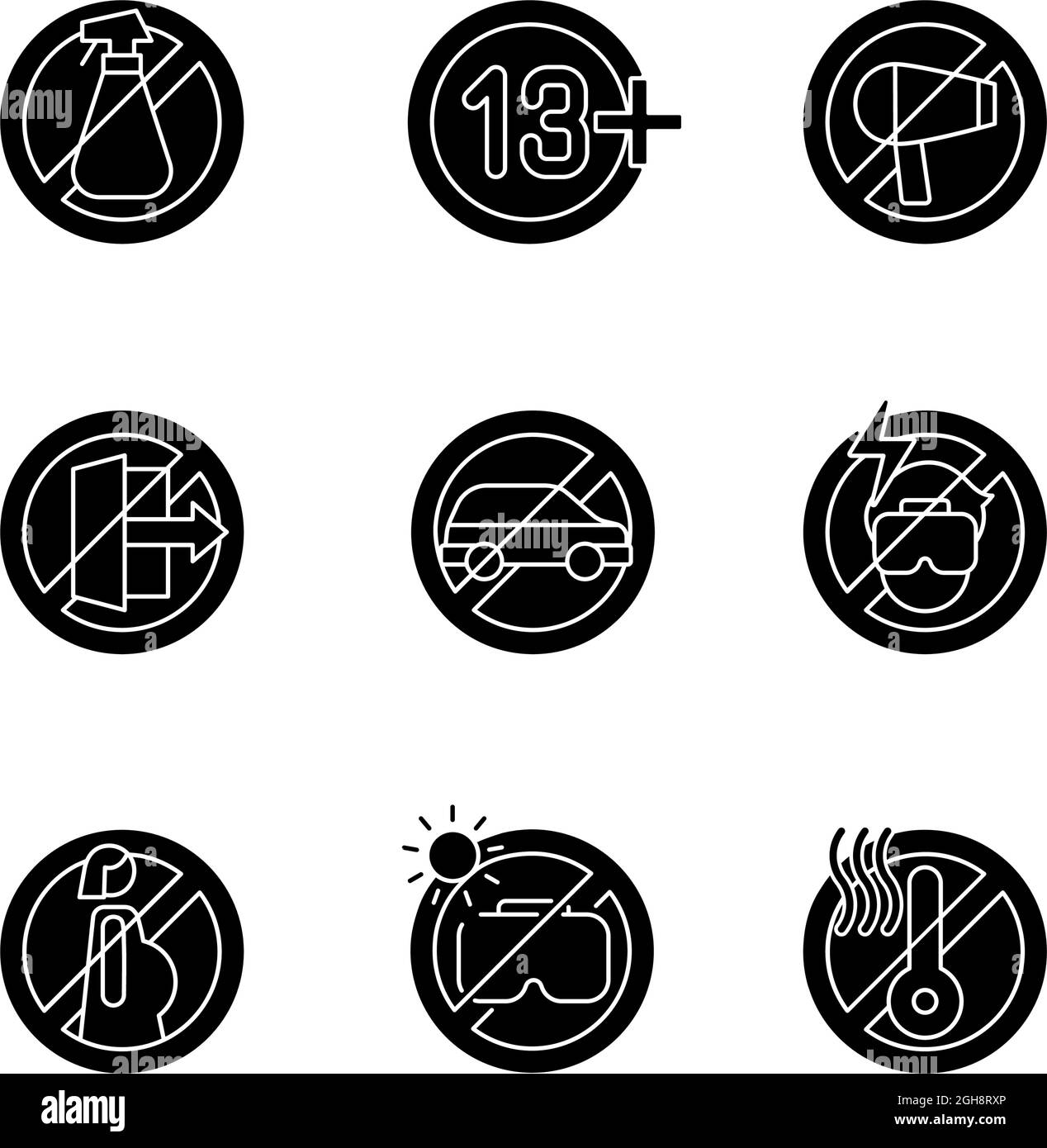 Vr glasses usage restrictions black glyph manual label icons set on ...