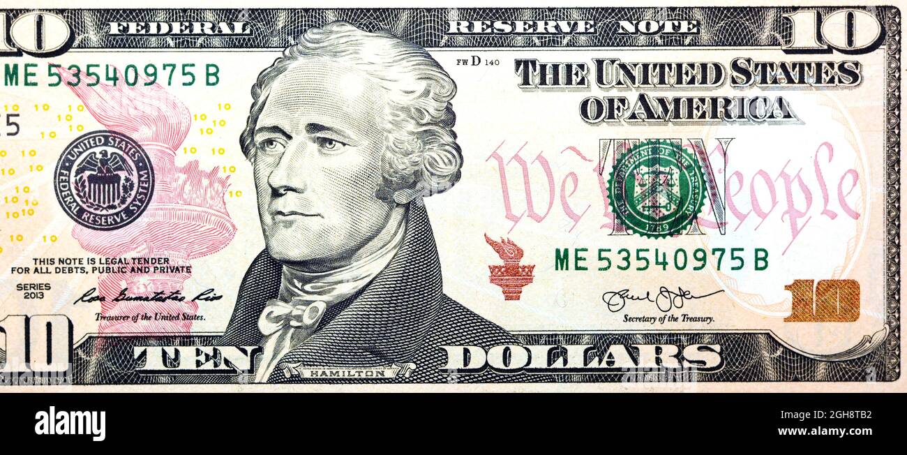 obverse side of 10 dollars portrait, ten American dollars banknote background, selective focus, united states dollars banknote Stock Photo