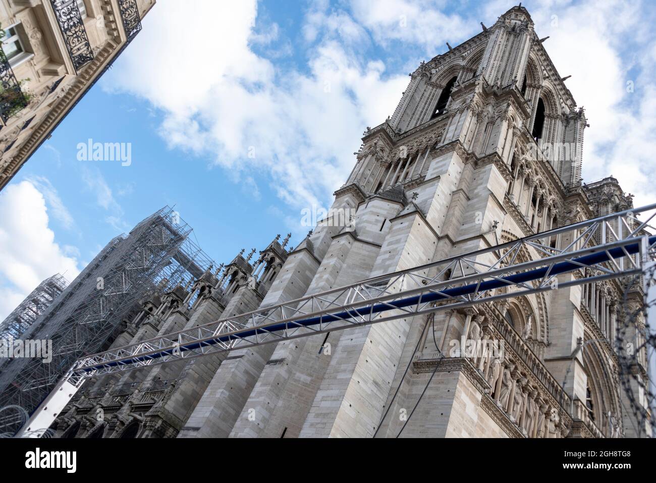 France, Paris, scaffolded Notre Dame Cathedral Stock Photo