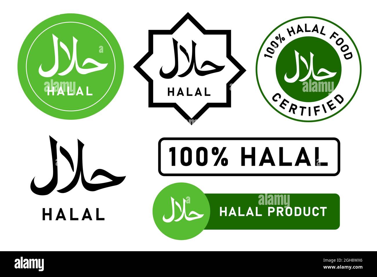 Halal food stamp Islam Muslim approved product badge sticker design set white background Stock Vector
