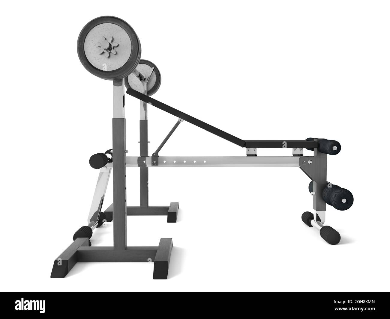 3d rendering of a multifunctional bench for abdominal and lifting with barbell weights and