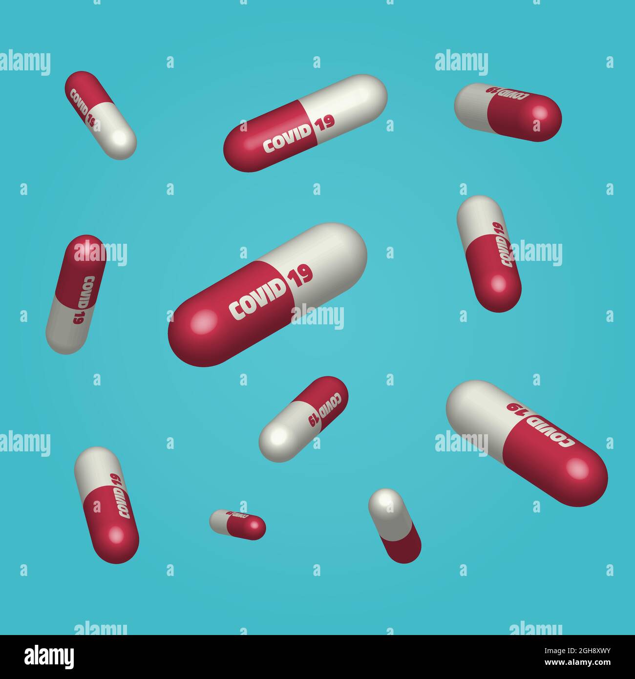 Red and white pill capsule with Covid 19 on it. Virus Outbreak Protection medical concept, Coronavirus COVID-19 Stock Vector