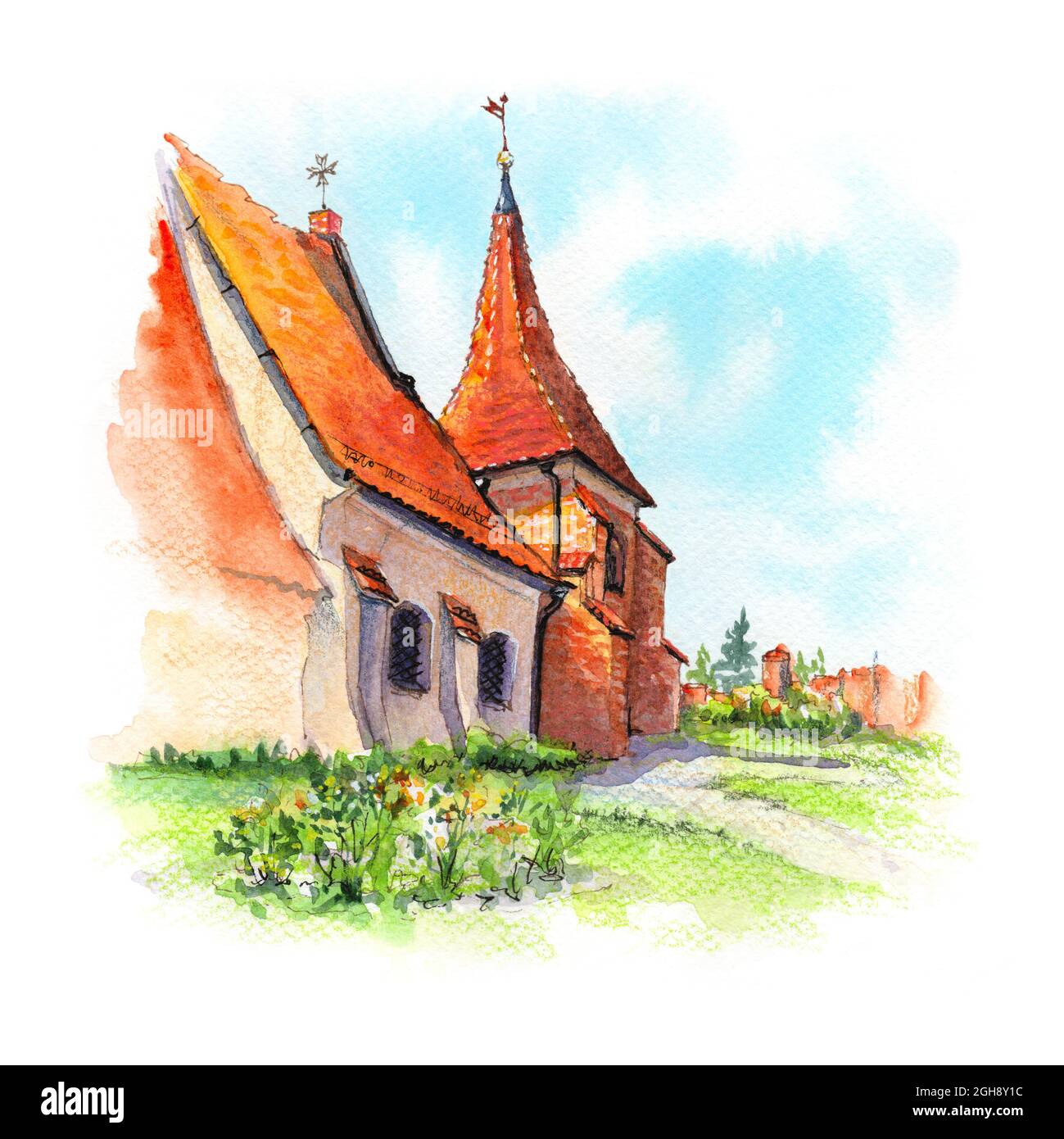 Watercolor sketch of Church of Saint John of Jerusalem outside the walls in Poznan, Poland Stock Photo