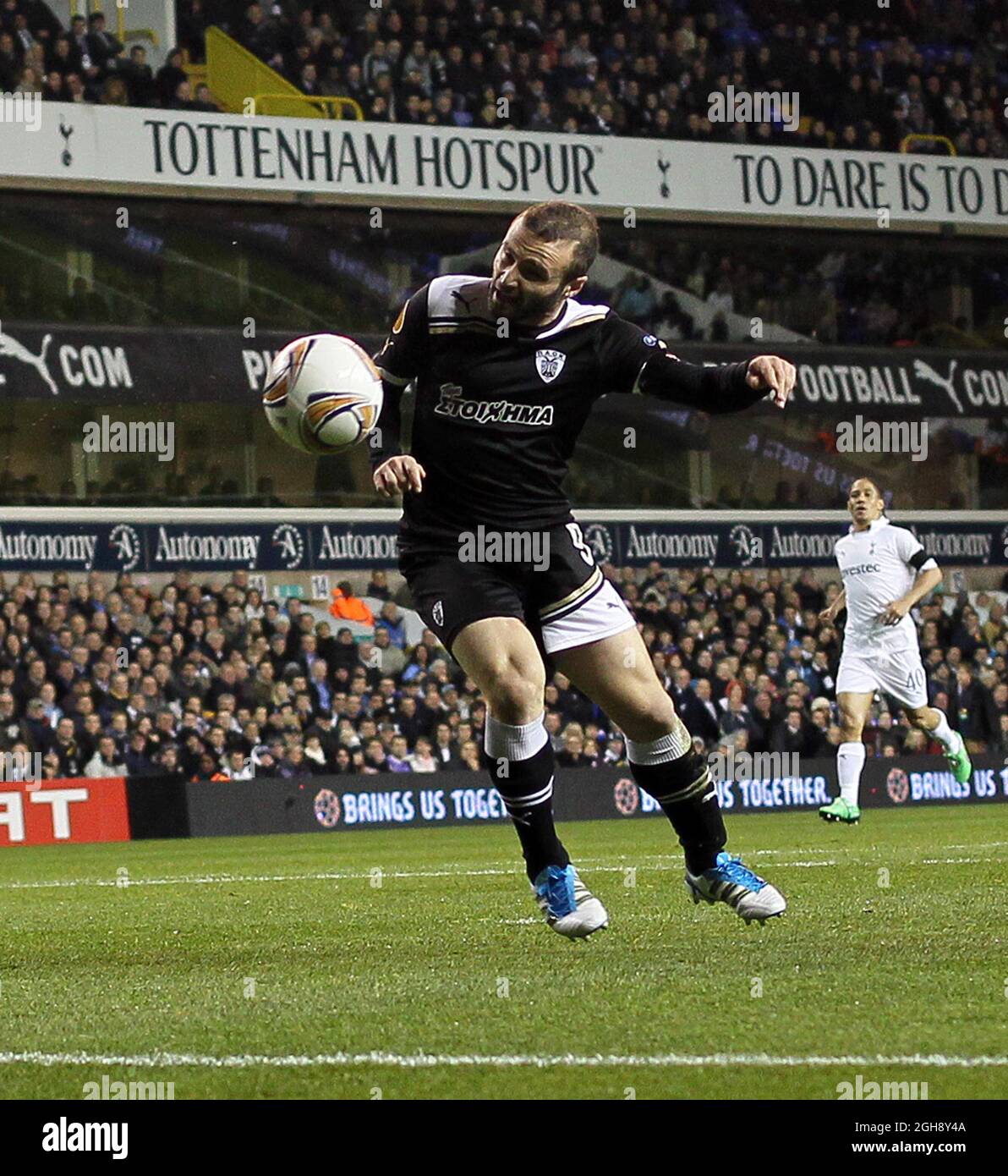 PAOK's Dimitris Salpingidis scoring his sides opening goal during the UEFA Europa League Group A match between Tottenham Hotspur and PAOK Salonika on 30th November, 2011. Stock Photo