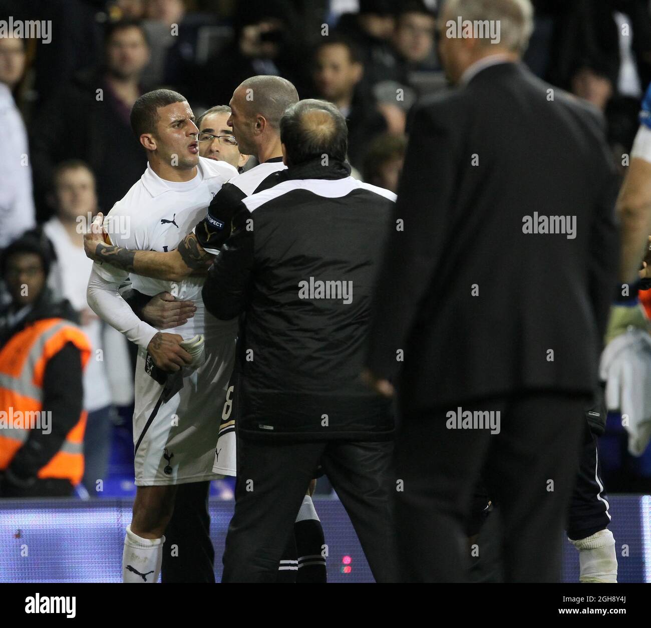 Tottenham's Kyle Walker gets into a fight with PAOK's Dimitris Salpingidis at the final whistle during the UEFA Europa League Group A match between Tottenham Hotspur and PAOK Salonika on 30th November, 2011. Stock Photo
