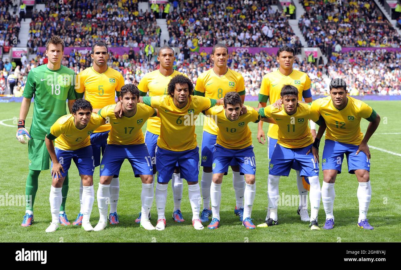 Brazil team group back down from left Neto, Sandro, Juan Jesus, Romulo and Brazil's Thiago Silva.Front row from left Rafael, Alexandre Pato, Marcelo, Oscar, Neymar and Hulk.Brazil v Belarus during the Olympic 2012 Group C match at Old Trafford, Manchester United Kingdom on the 29th July 2012. Stock Photo