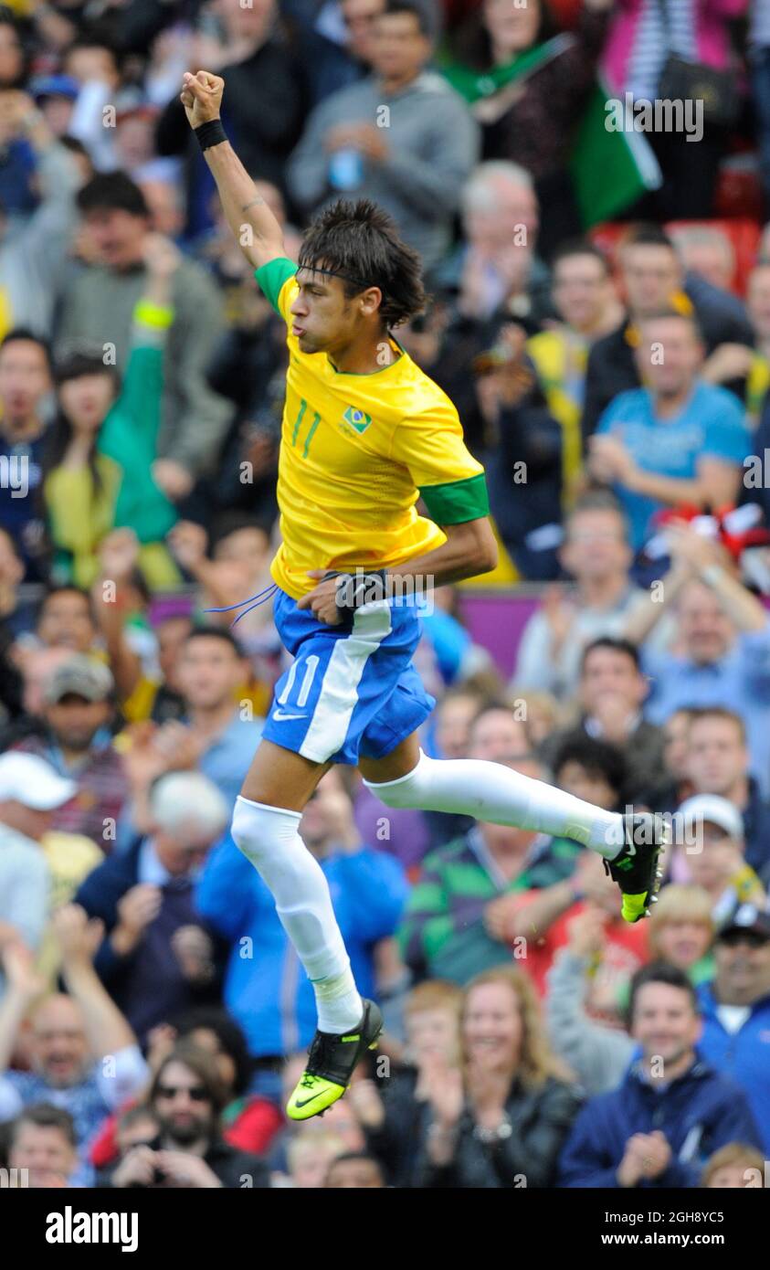 Brazil's Neymar celebrates scoring the second goal.Brazil v Belarus during the Olympic 2012 Group C match at Old Trafford, Manchester United Kingdom on the 29th July 2012. Stock Photo