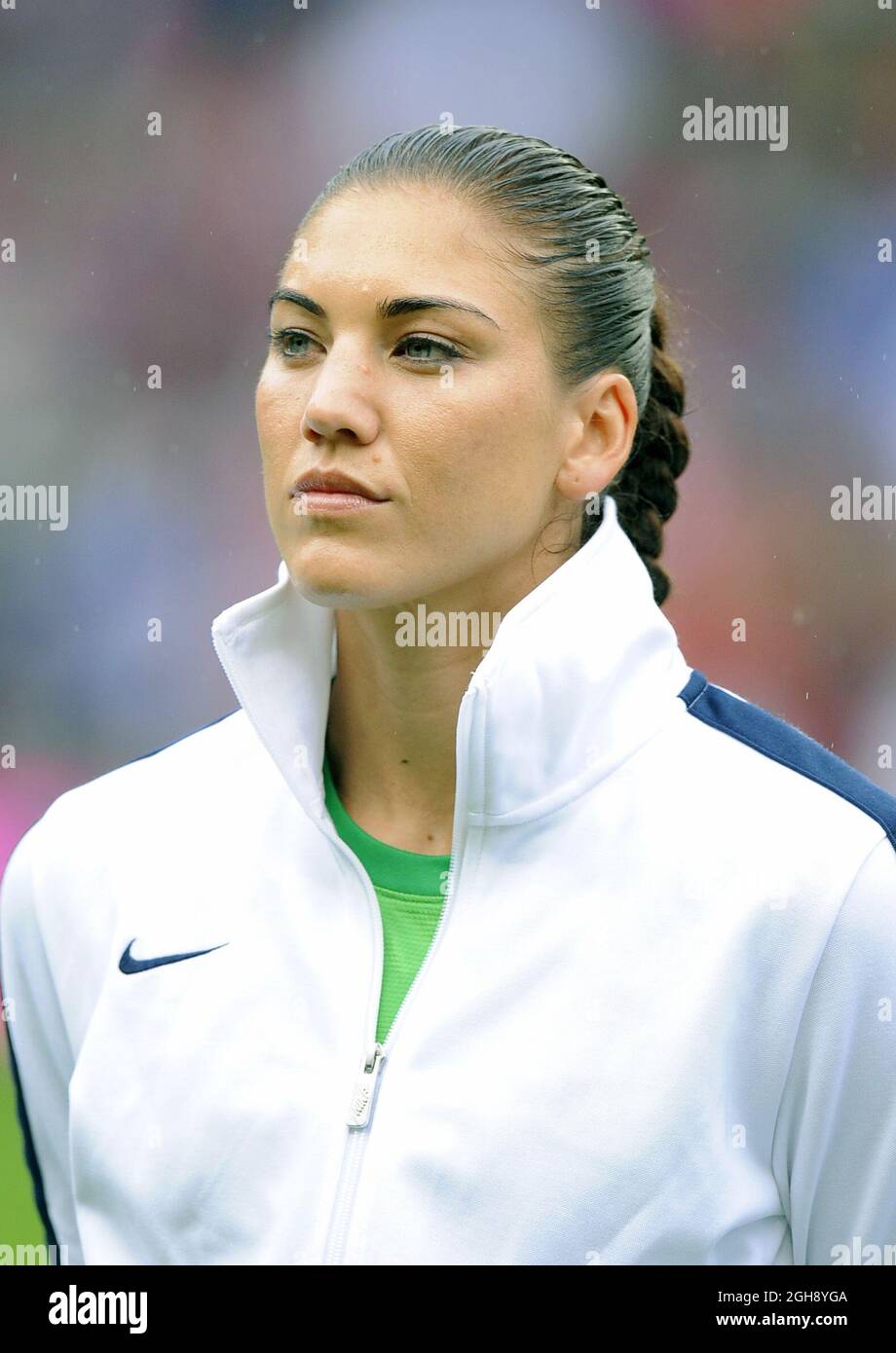 United States goalkeeper Hope Solo is seen during the Olympic 2012 Group G women's match between USA and North Korea at Old Trafford in Manchester, United Kingdom on the 31st July 2012. Stock Photo