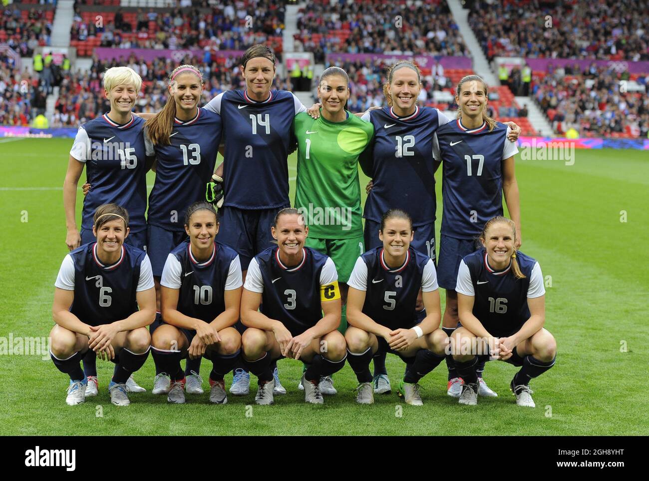 The USA team group.Canada v USA Olympic 2012 semi-final women's match at Old Trafford, Manchester United Kingdom on August 6, 2012. Stock Photo
