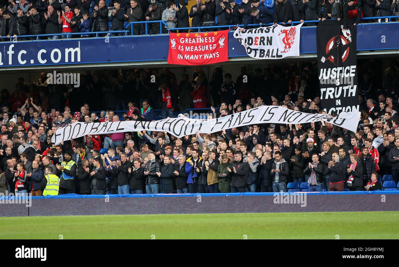 Liverpool's fans with a banner Football without fans is nothing during the  Barclays Premier League between Chelsea and Liverpool at the Stamford  Bridge in London on November 11, 2012 Stock Photo - Alamy