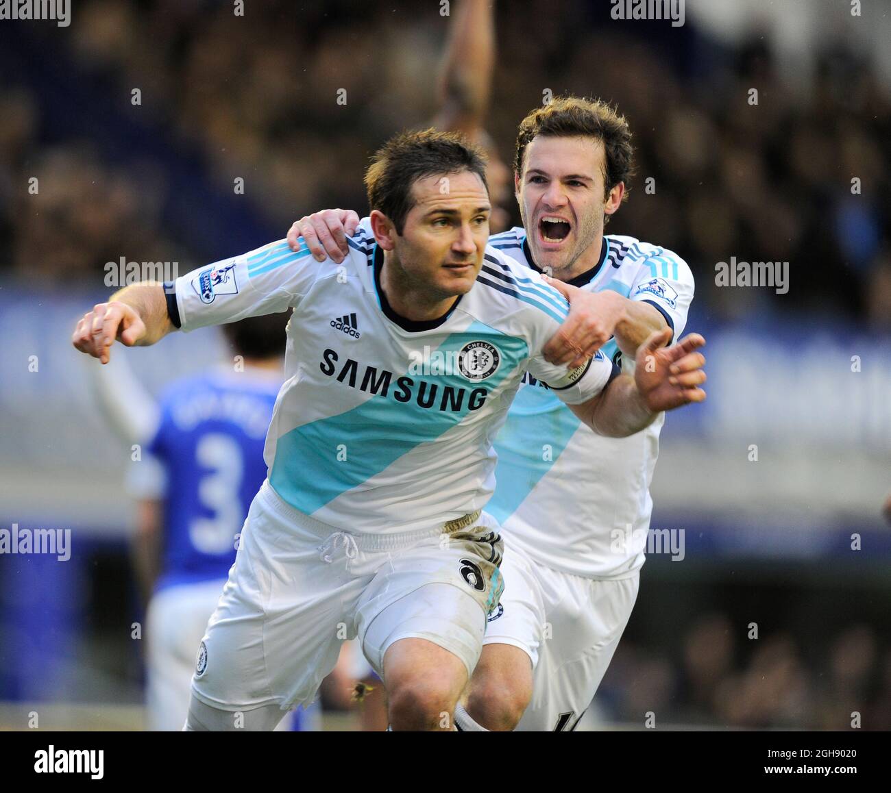 Frank Lampard of Chelsea celebrates his second goal with Juan Mata of Chelsea during Barclays Premier League soccer match between Everton and Chelsea at the Goodison Park Stadium in Liverpool, United Kingdom on 30th December, 2012. Picture Simon BellisSportimage Stock Photo