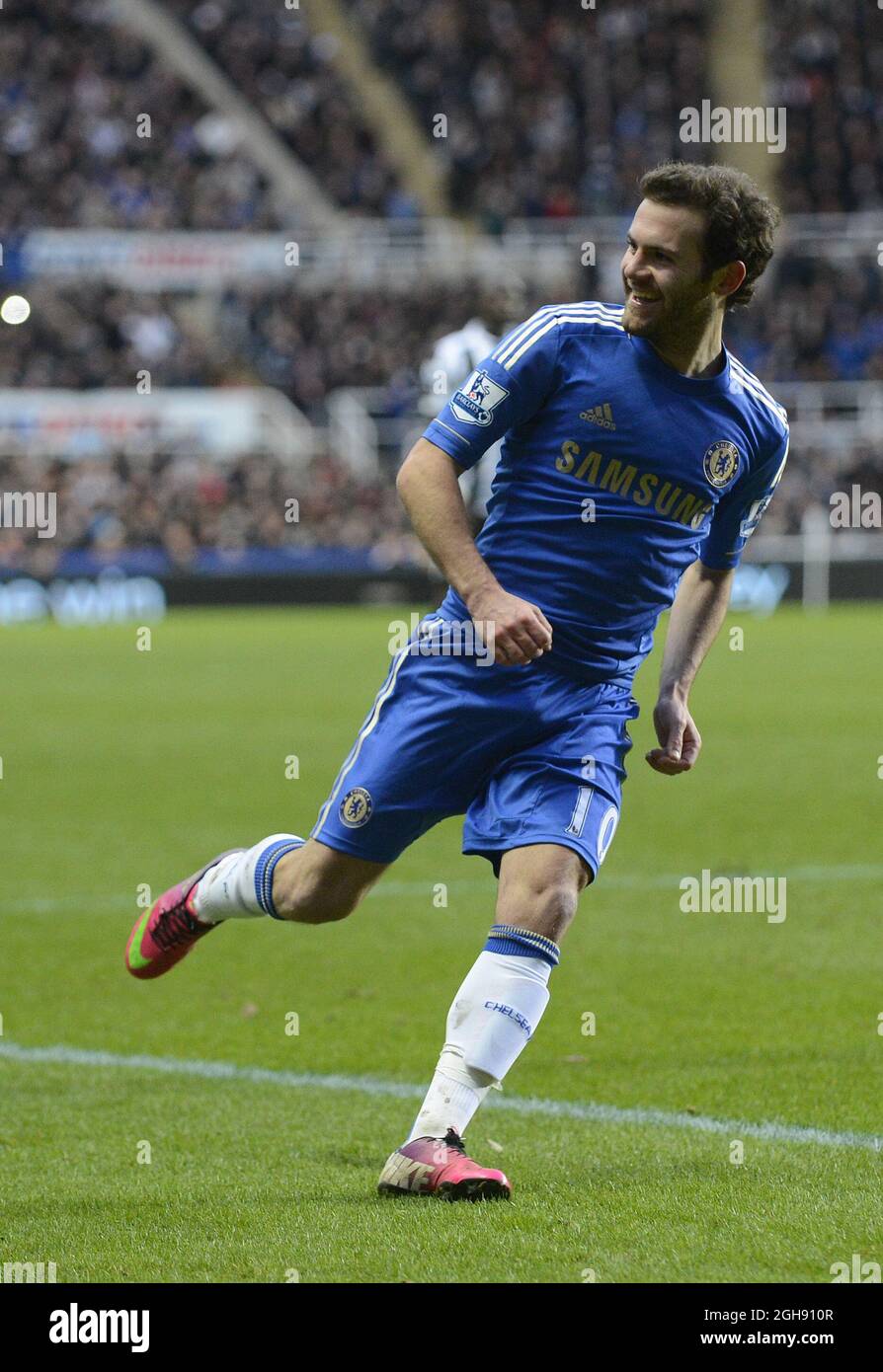 Juan Mata of Chelsea celebrates scoring their second goal during the Barclays Premier League soccer match between Newcastle Utd and Chelsea at St. James' Park in Newcastle, United Kingdom on February 02, 2013. Stock Photo