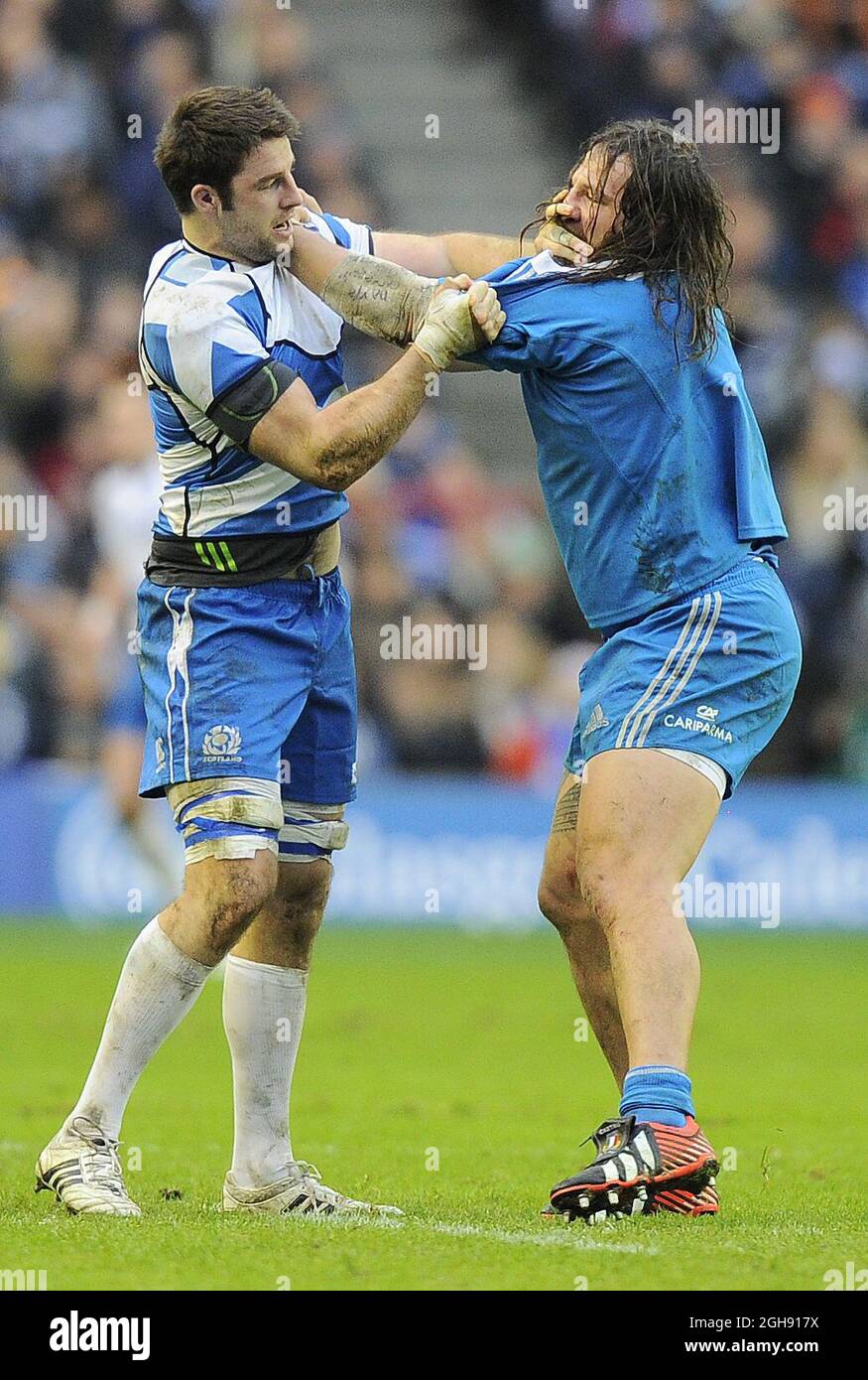 Johnnie Beattie of Scotland and Martin Castrogiovanni of Italy square up to each other during the RBS 6 Nations Championship 2013 match between Scotland and Italy at the Murrayfield Stadium in Edinburgh, Scotland on February 9, 2013. Stock Photo