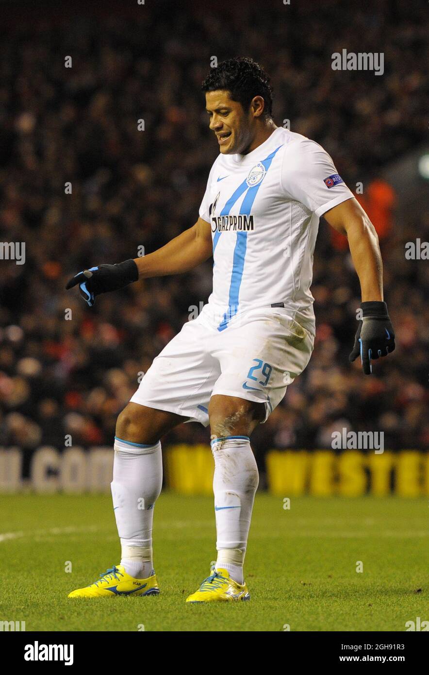 Hulk of Zenit St Petersburg dances a jig after scoring the first goal during the UEFA Europa League Round of 32, Second Leg match between Liverpool and Zenit St Petersburg at the Anfield Stadium in Liverpool, United Kingdom on February 21, 2013. Stock Photo