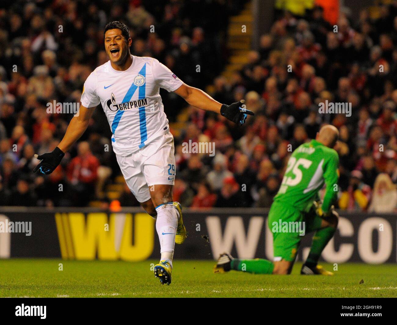 Hulk of Zenit St Petersburg celebrates scoring the first goal during the UEFA Europa League Round of 32, Second Leg match between Liverpool and Zenit St Petersburg at the Anfield Stadium in Liverpool, United Kingdom on February 21, 2013. Stock Photo