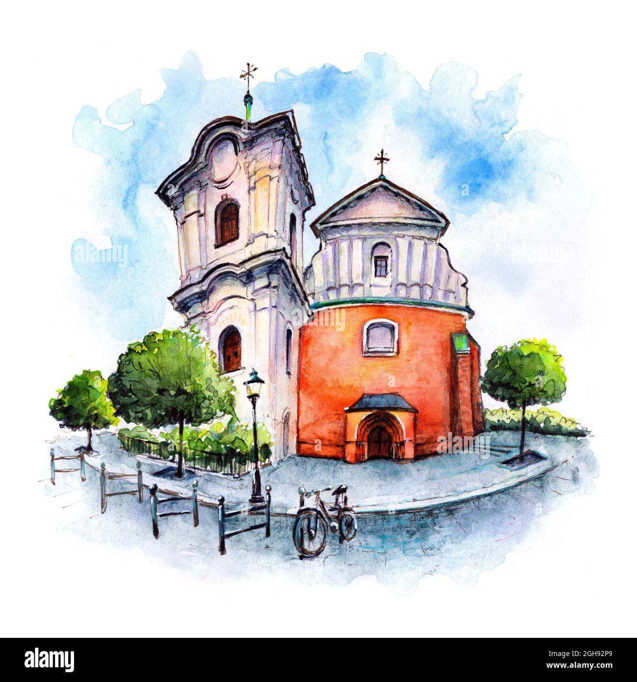 Watercolor sketch of Church of Sacred Heart of Jesus in Poznan, Poland Stock Photo