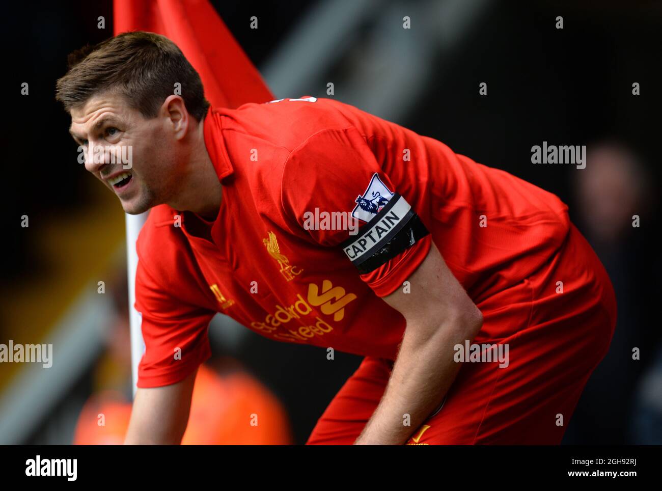 Steven Gerrard of Liverpool wearing the captains and a black armband ...