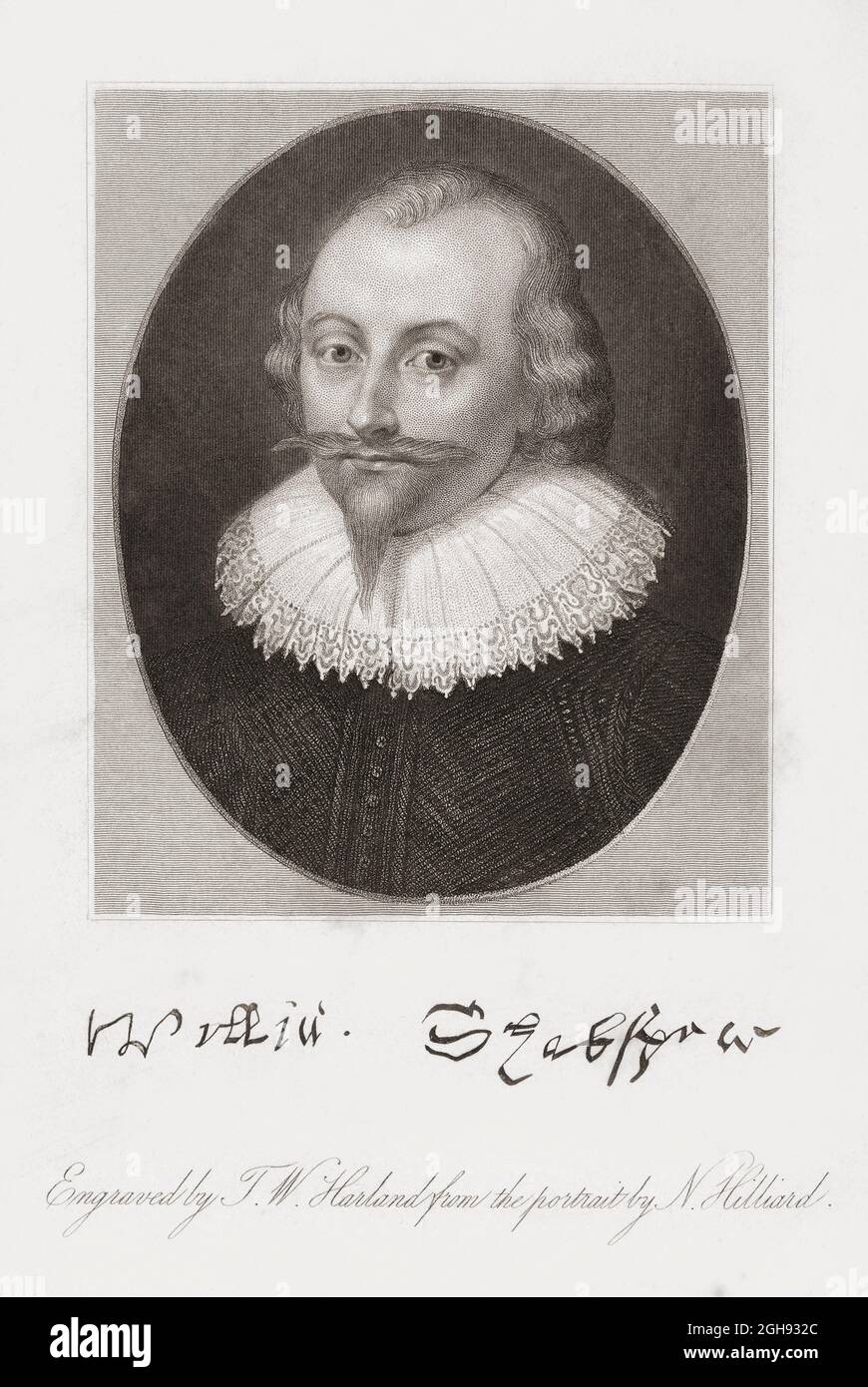 Portrait of William Shakespeare engraved by 19th century English engraver T.W. Harland after a work attributed to N. Hilliard.  However it is thought the picture was done not by Nicholas Hilliard but by his son Laurence Hilliard.  William Shakespeare, English playwright, 1564 – 1616.  Nicholas Hilliard, English miniaturist, 1547 - 1619.  Laurence Hilliard, English miniaturist, 1582 - 1648.  There is no concensus as to whether this is an actual portrait of Shakespeare. Stock Photo
