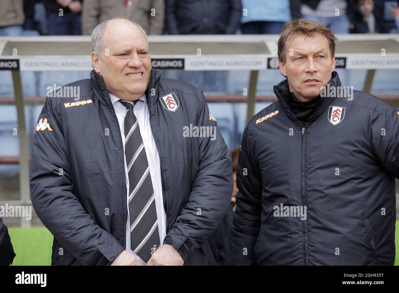 Fulham manager Martin Jol (left) and head coach Michael Lindeman seen  during the Barclays Premier League match between Aston Villa and Fulham  held at Villa Park in Birmingham, UK on April 13,