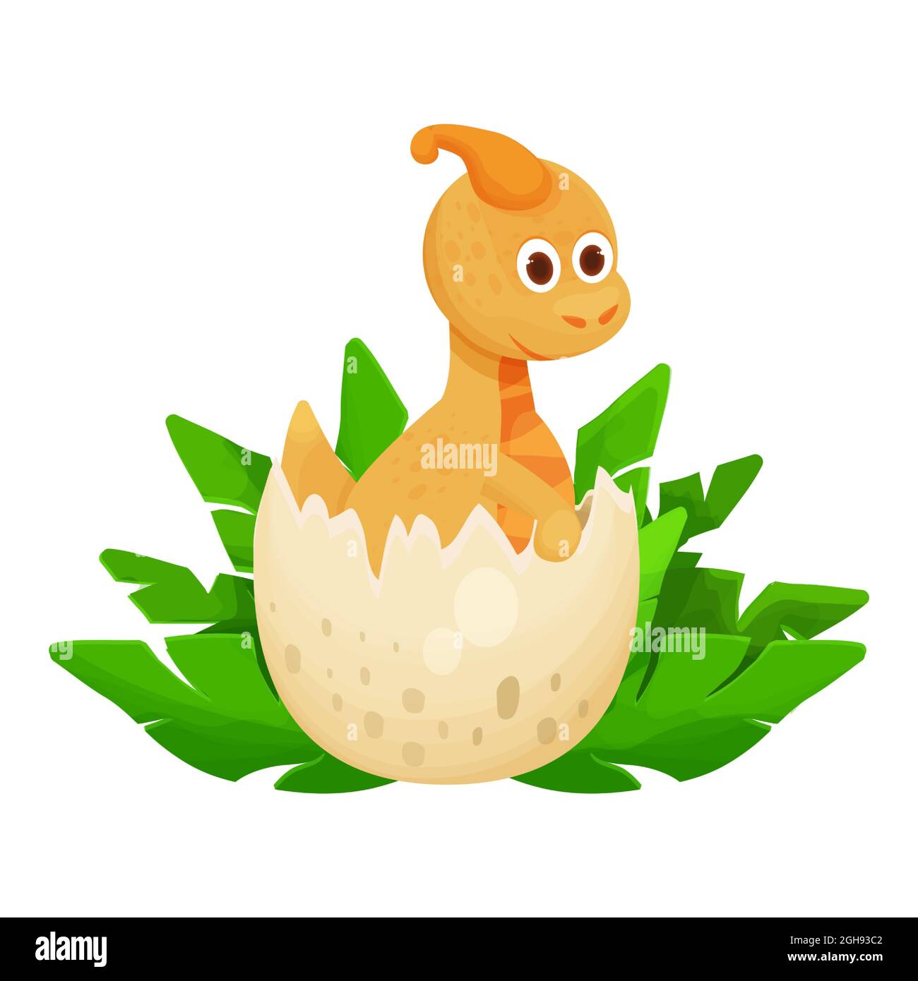 Cute dinosaur baby in egg hatching in cartoon style isolated on white