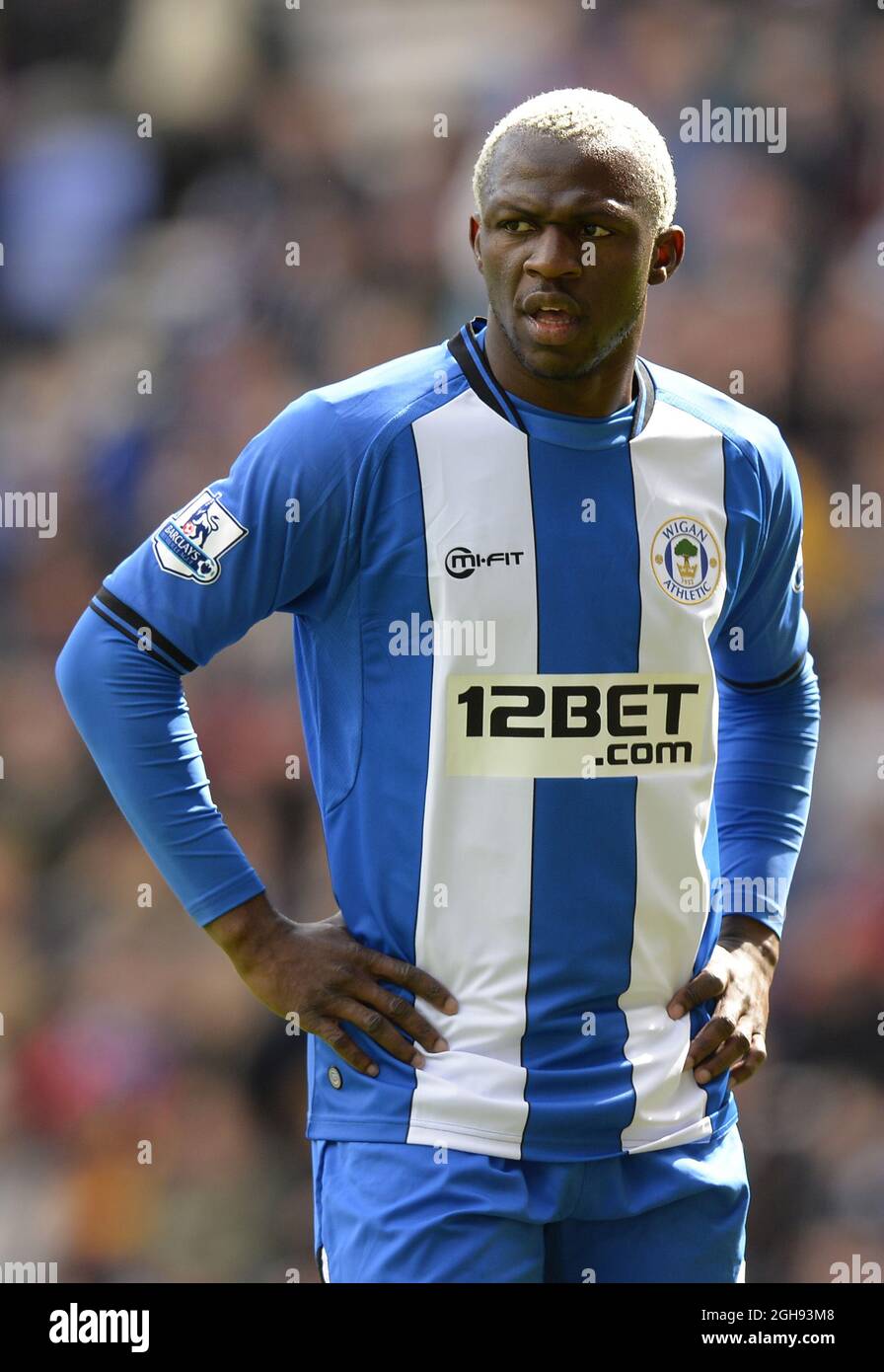 Arouna Kone of Wigan during the Barclays Premier League match between Wigan Athletic and Tottenham Hotspur at the DW Stadium in Wigan, UK on April 27, 2013. Stock Photo