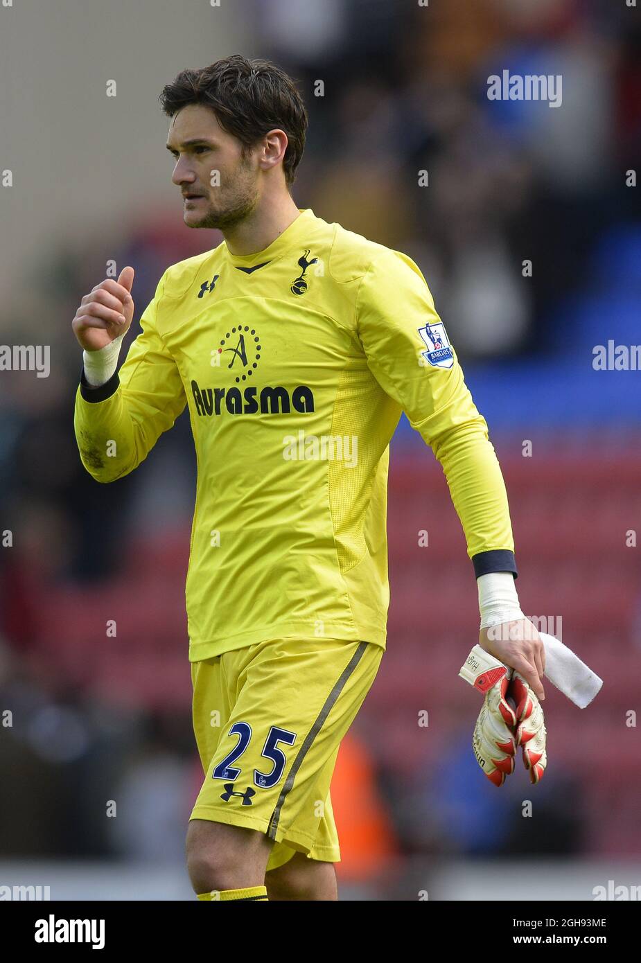 Hugo Lloris of Tottenham during the Barclays Premier League match between Wigan Athletic and Tottenham Hotspur at the DW Stadium in Wigan, UK on April 27, 2013. Stock Photo