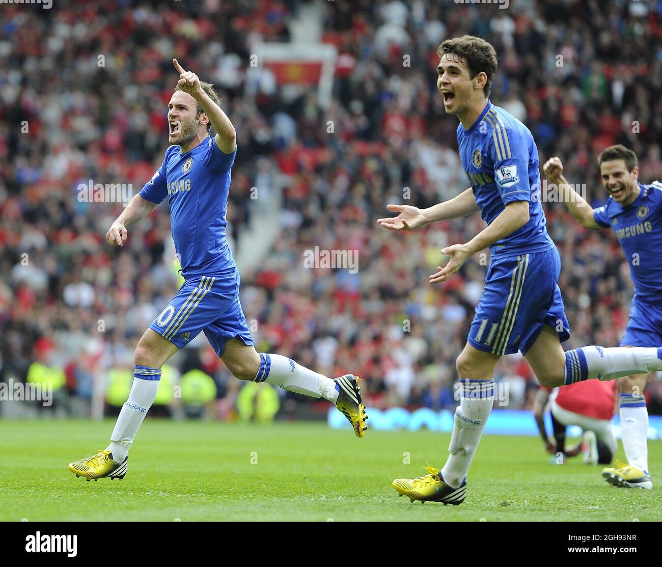 Juan Mata of Chelsea celebrates scoring the winning goal during the Barclays Premier League match between Manchester United and Chelsea in Old Trafford Stadium on May 05, 2013. Photo by Simon Bellis Stock Photo