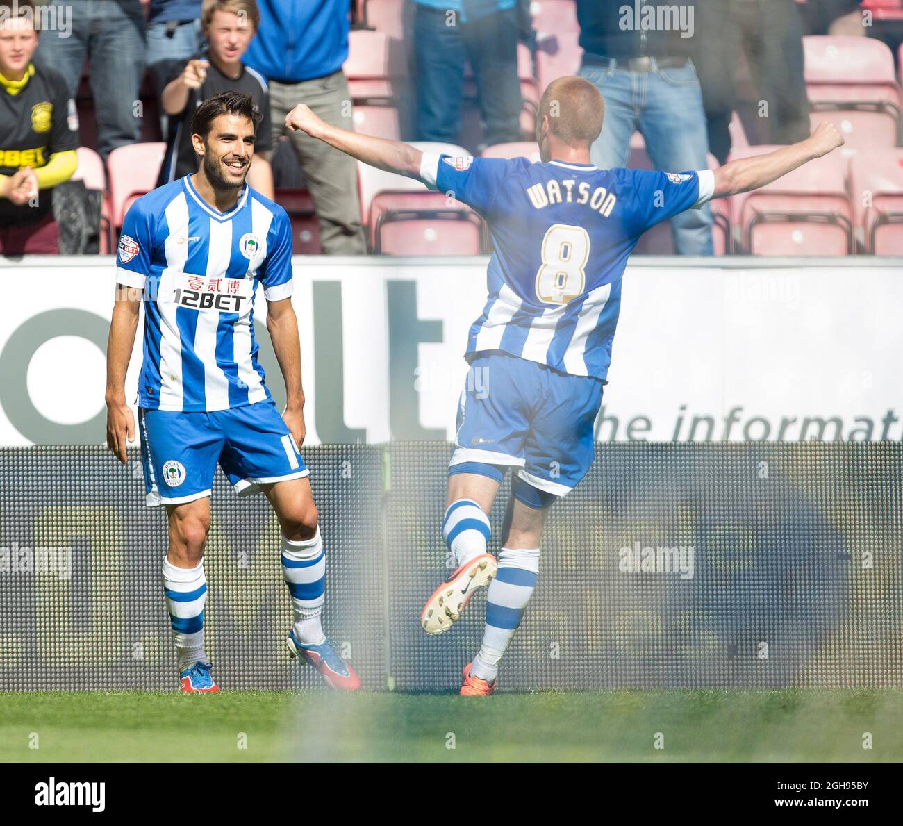 Wigan's Jordi Gomez celebrates his winning goal during the Sky Bet Football League Championship match between Wigan Athletic and Nottingham Forest at the DW Stadium, Wigan on August 31, 2013. Stock Photo