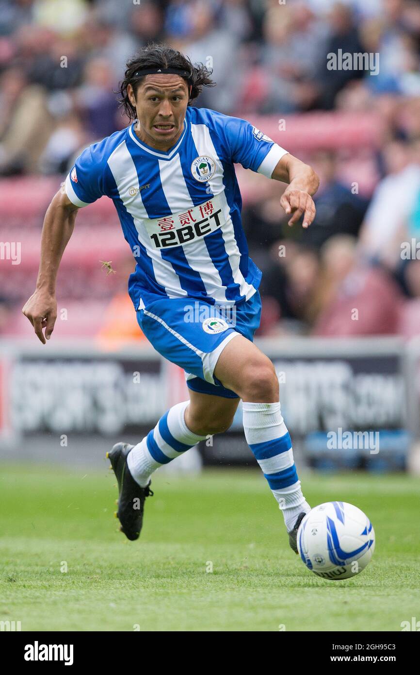 Wigan's Roger Espinoza in action during the Sky Bet Football League Championship match between Wigan Athletic and Nottingham Forest at the DW Stadium, Wigan on August 31, 2013. Stock Photo