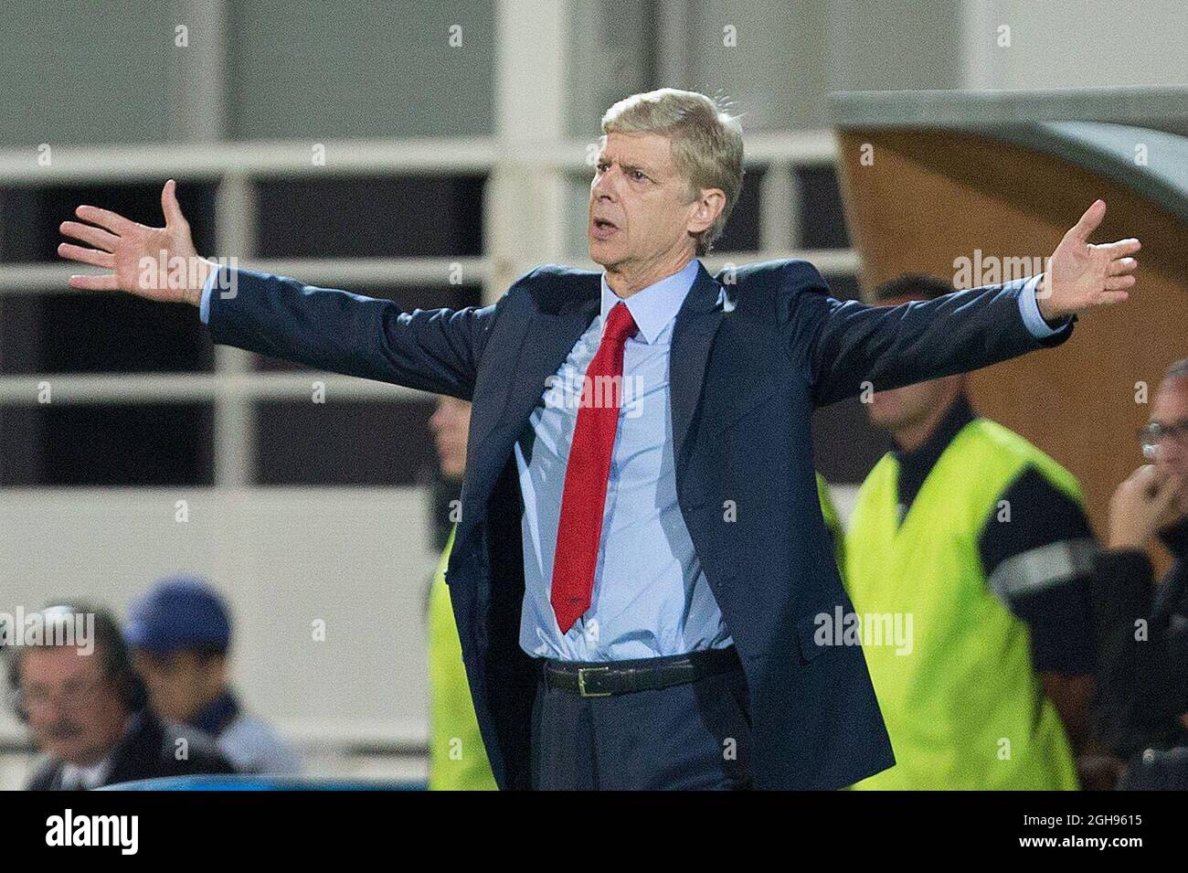 Arsenal's manager, Arsene Wenger reacts during the UEFA Championsâ€™ League Group F match between Olympique de Marseille and Arsenal FC at Stade Velodrome Stadium in Marseille, France, on Sept. 18, 2013. Stock Photo