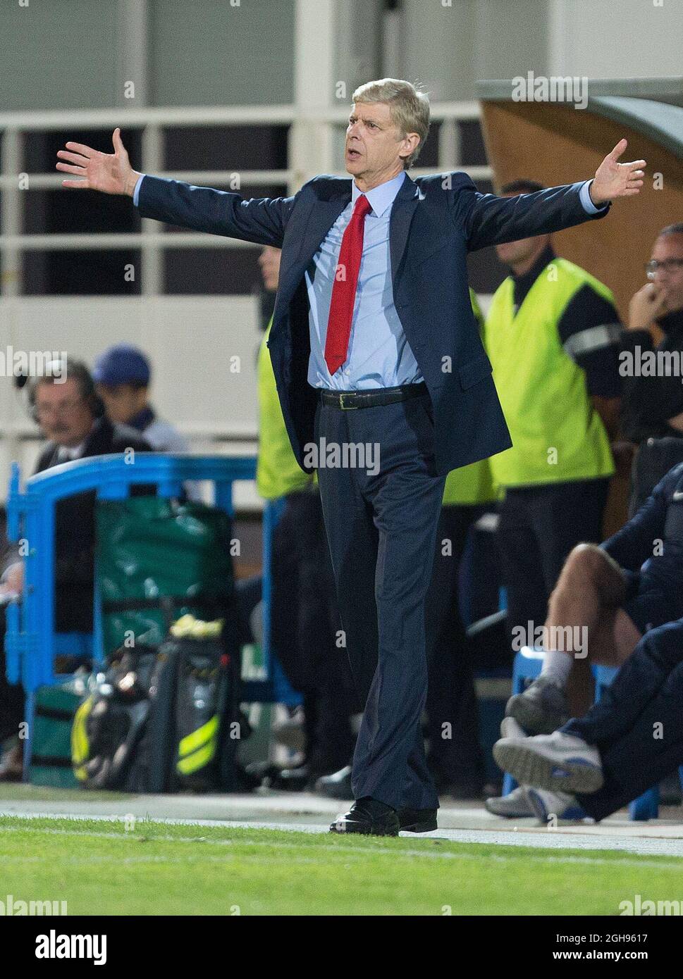 Arsenal's manager, Arsene Wenger reacts during the UEFA Champions&#8217; League Group F match between Olympique de Marseille and Arsenal FC at Stade Velodrome Stadium in Marseille, France, on Sept. 18, 2013. Stock Photo