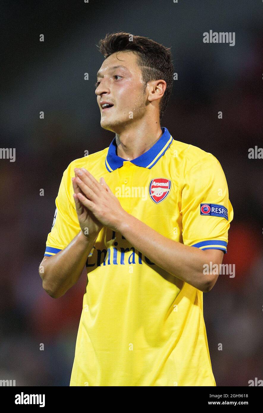 Arsenal's Mesut Ozil reacts during the UEFA Champions&#8217; League Group F match between Olympique de Marseille and Arsenal FC at Stade Velodrome Stadium in Marseille, France, on Sept. 18, 2013. Stock Photo