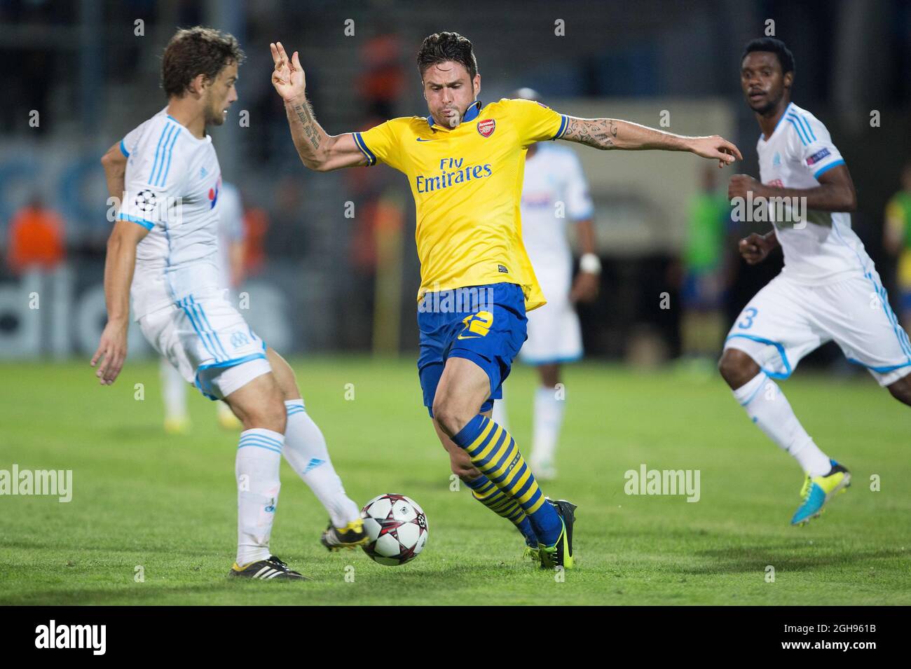 Arsenal's Olivier Giroud in action during the UEFA Champions&#8217; League Group F match between Olympique de Marseille and Arsenal FC at Stade Velodrome Stadium in Marseille, France, on Sept. 18, 2013. Stock Photo