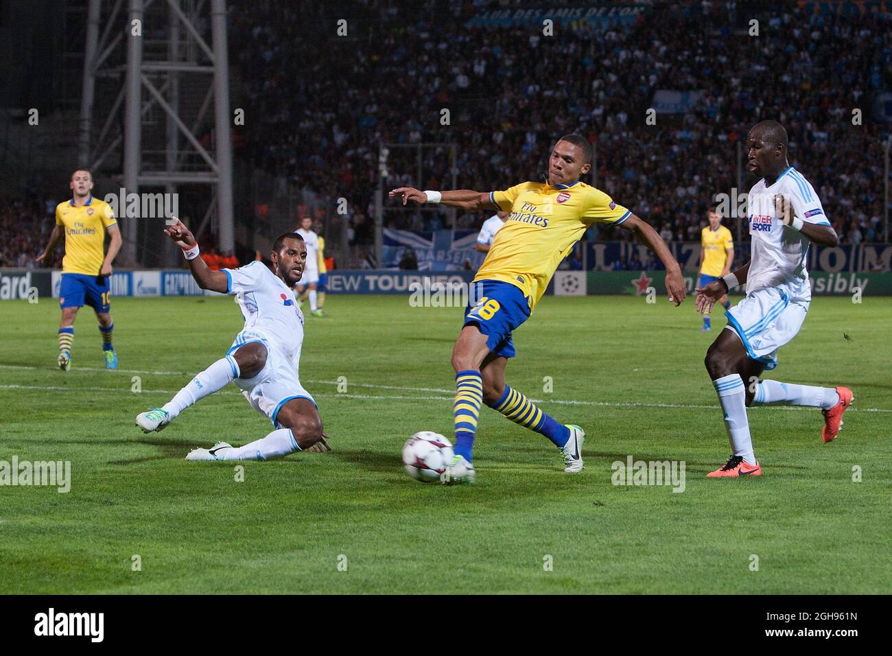 Arsenal's Kieran Gibbs shoots at goal during the UEFA Champions&#8217; League Group F match between Olympique de Marseille and Arsenal FC at Stade Velodrome Stadium in Marseille, France, on Sept. 18, 2013. Stock Photo