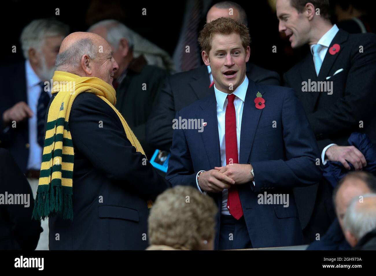 Prince Harry during the QBE Autumn International match between England and Australia at Twickenham Stadium in London on November 2, 2013. Stock Photo
