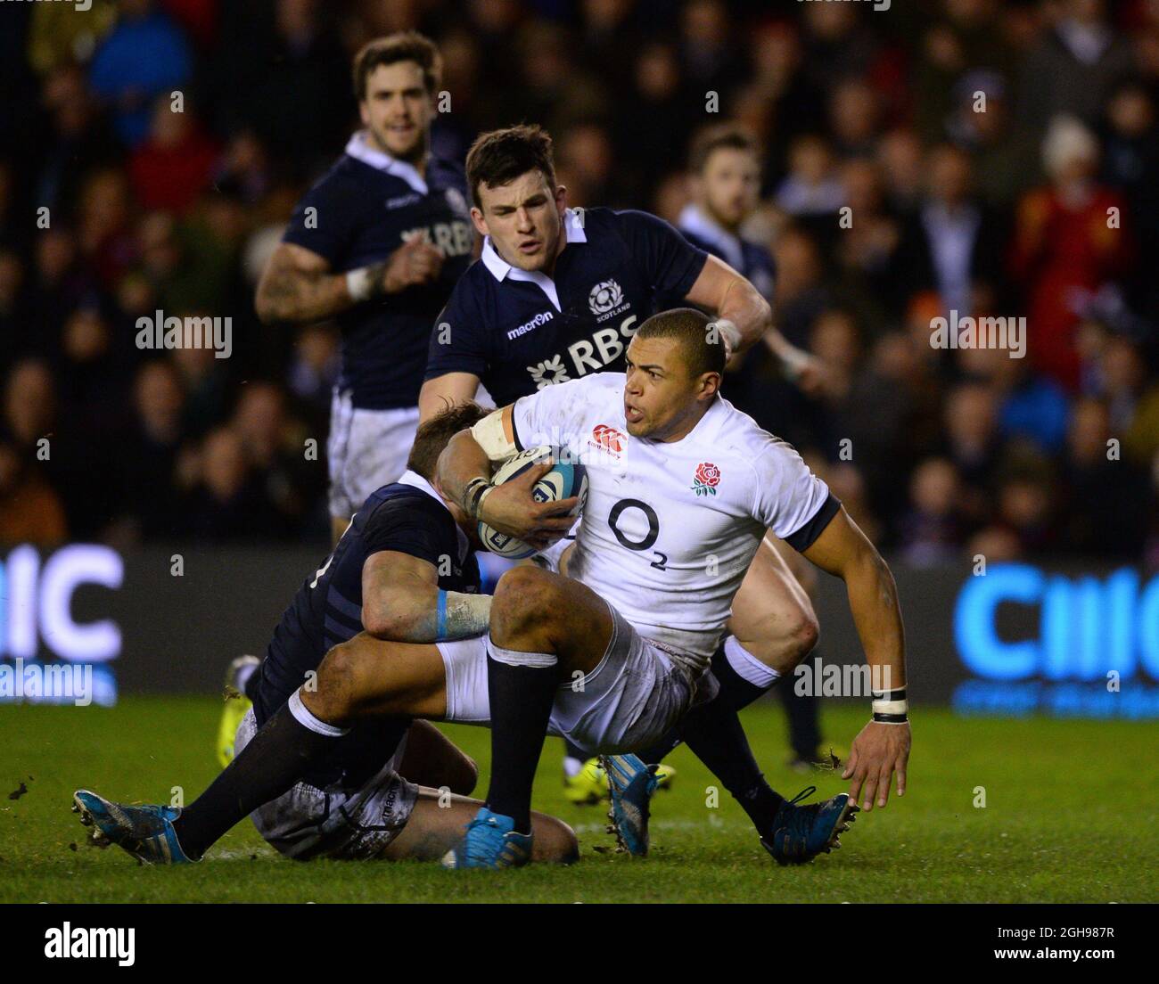 Luther Burrell of England in action during the RBS 6Nations match between Scotland and England at Murrayfield Stadium, Edinburgh on February 8, 2014. Stock Photo