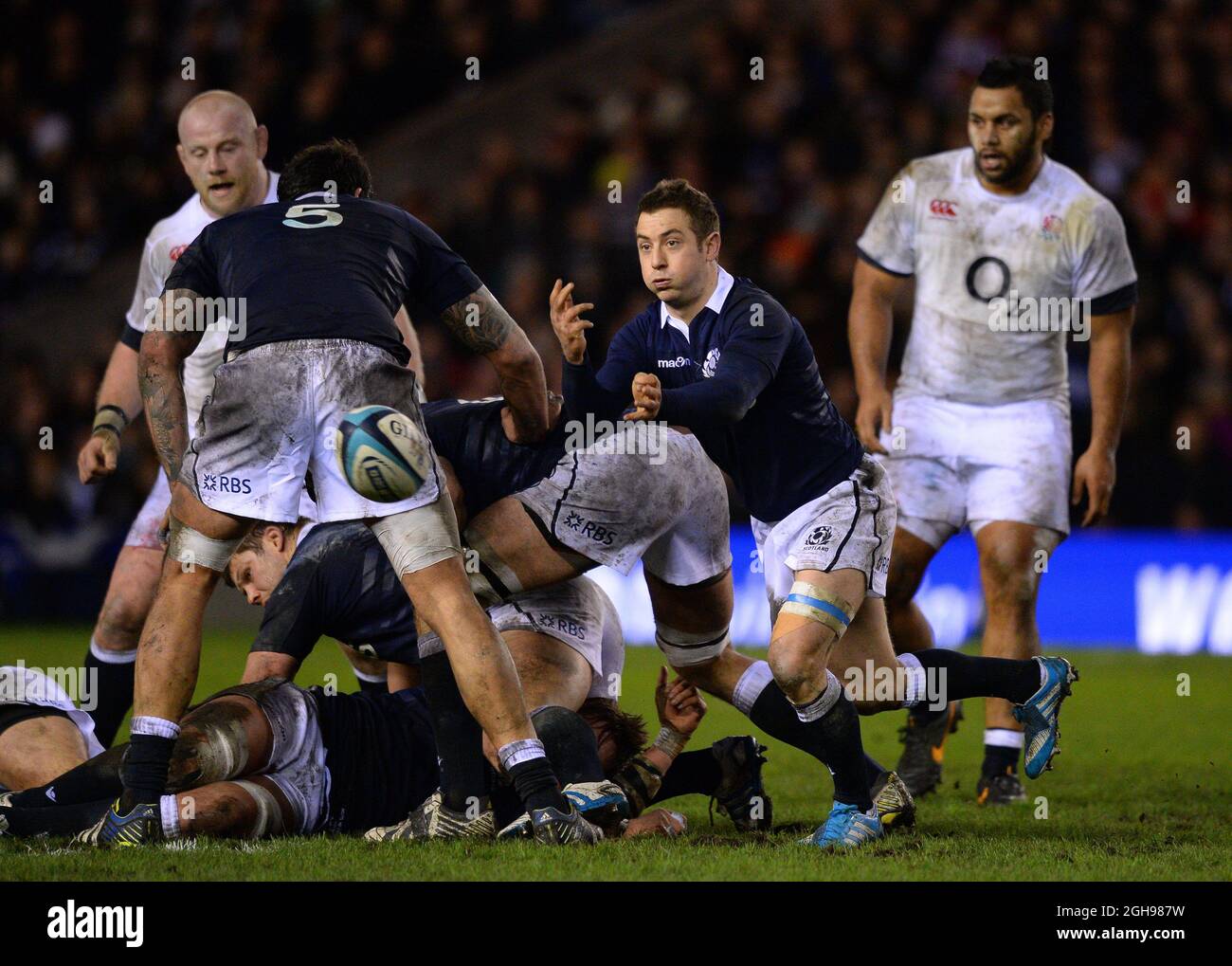Greig Laidlaw of Scotland in action during the RBS 6Nations match between Scotland and England at Murrayfield Stadium, Edinburgh on February 8, 2014. Stock Photo