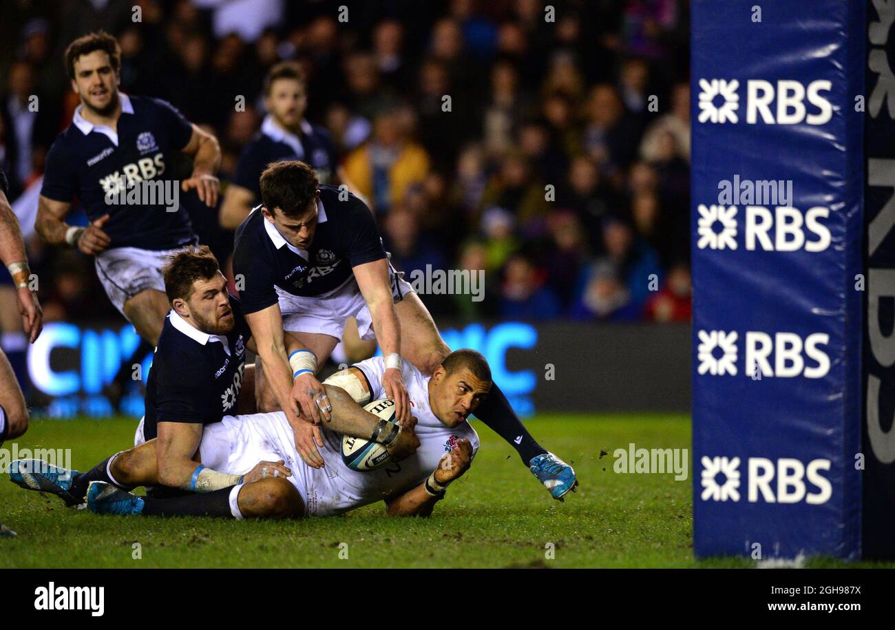 Luther Burrell of England is stopped short of the try line during the RBS 6Nations match between Scotland and England at Murrayfield Stadium, Edinburgh on February 8, 2014. Stock Photo