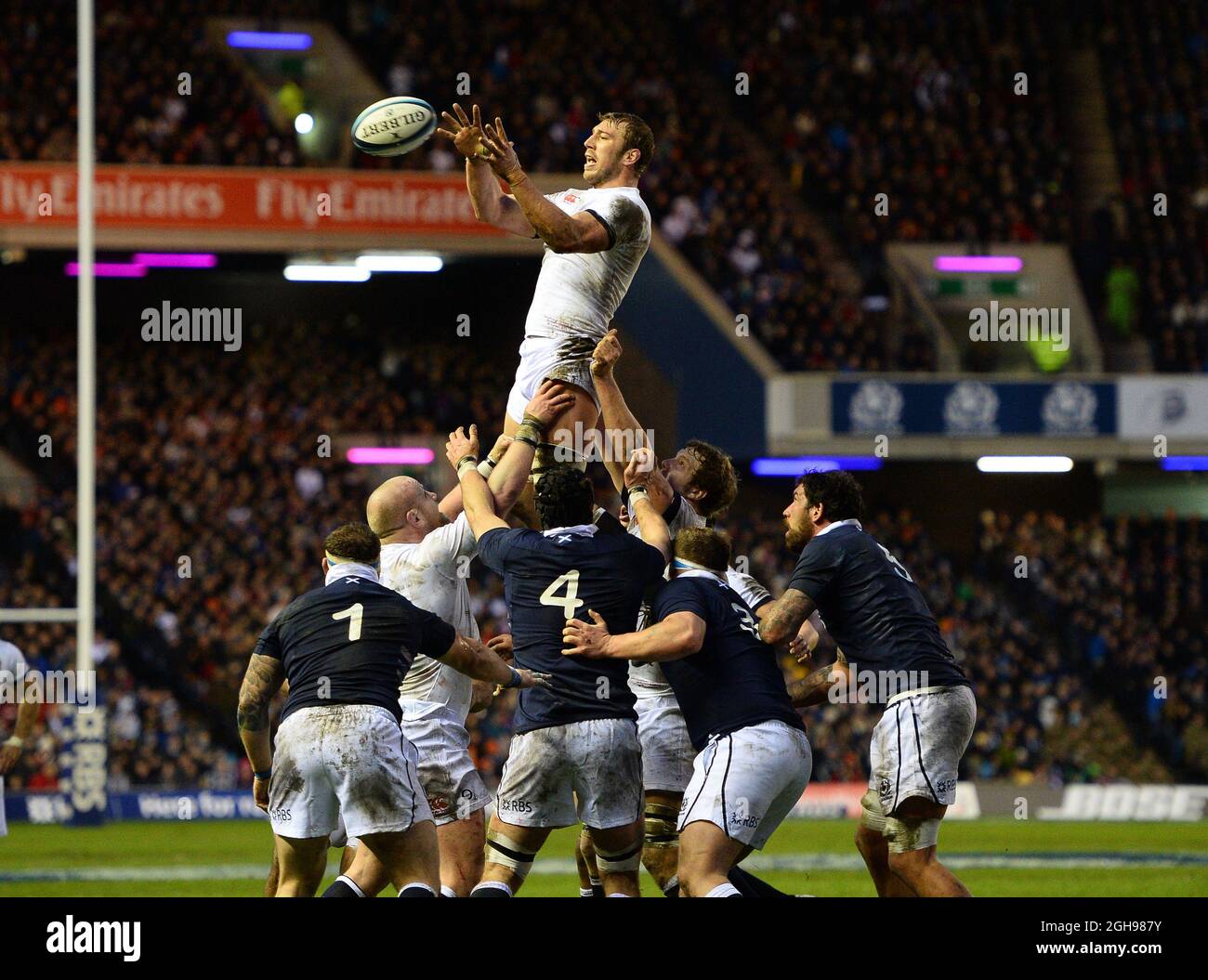 Chris Robshaw of England wins the line out during the RBS 6Nations match between Scotland and England at Murrayfield Stadium, Edinburgh on February 8, 2014. Stock Photo