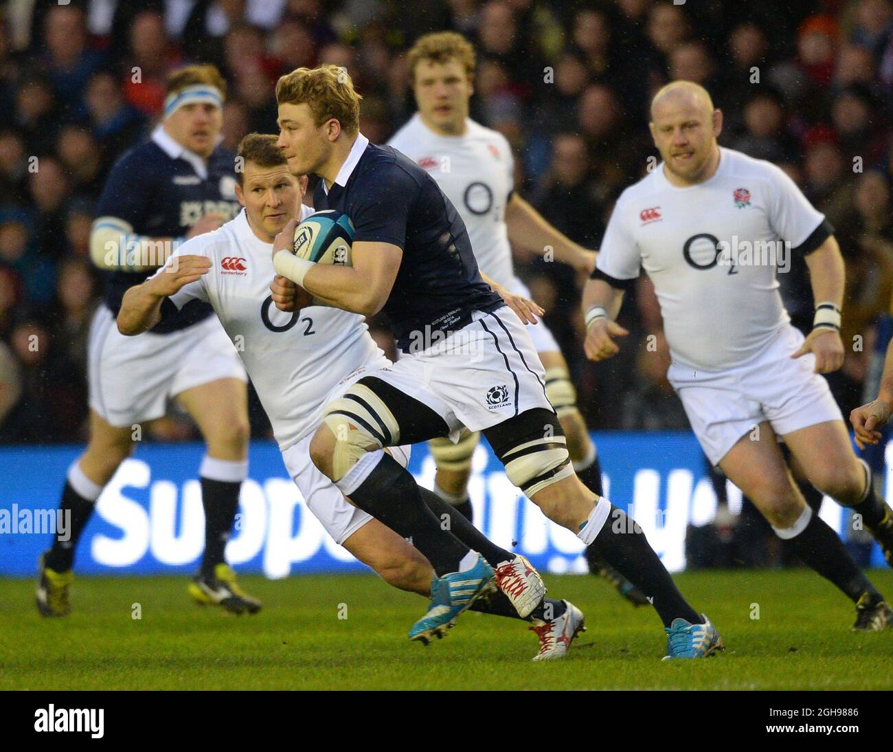 Dave Denton of Scotland in action during the RBS 6Nations match between Scotland and England at Murrayfield Stadium, Edinburgh on February 8, 2014. Stock Photo