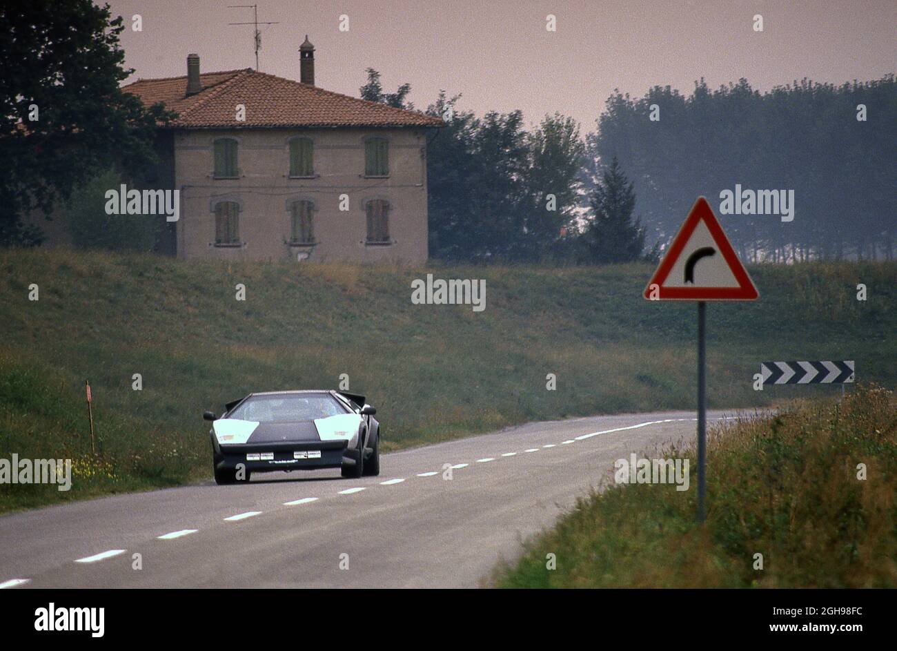 1988 Lamborghini Countach Evoluzione (Carbon Fibre) prototype driving on test near the Factory at Sant'Agata Bolognese Italy Stock Photo