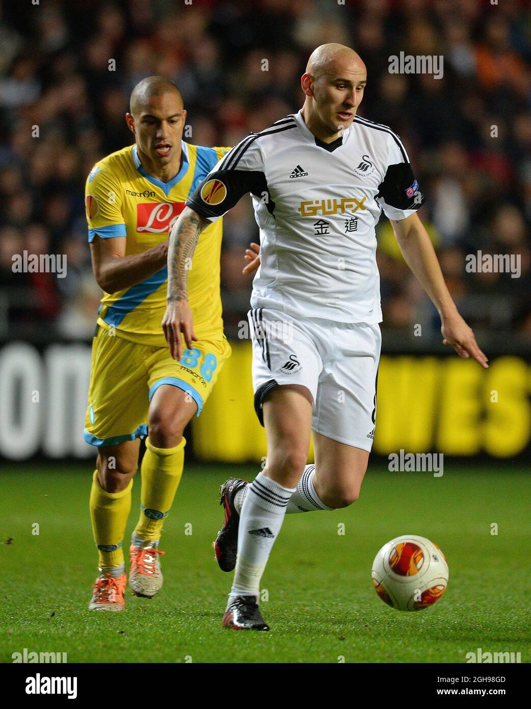 Jonjo Shelvey of Swansea City and Gokhan Inler of Napoli during the UEFA Europa League, round of 32 match between Swansea City and Napoli held at Liberty Stadium in Swansea, Wales on 20th February 2014. Stock Photo