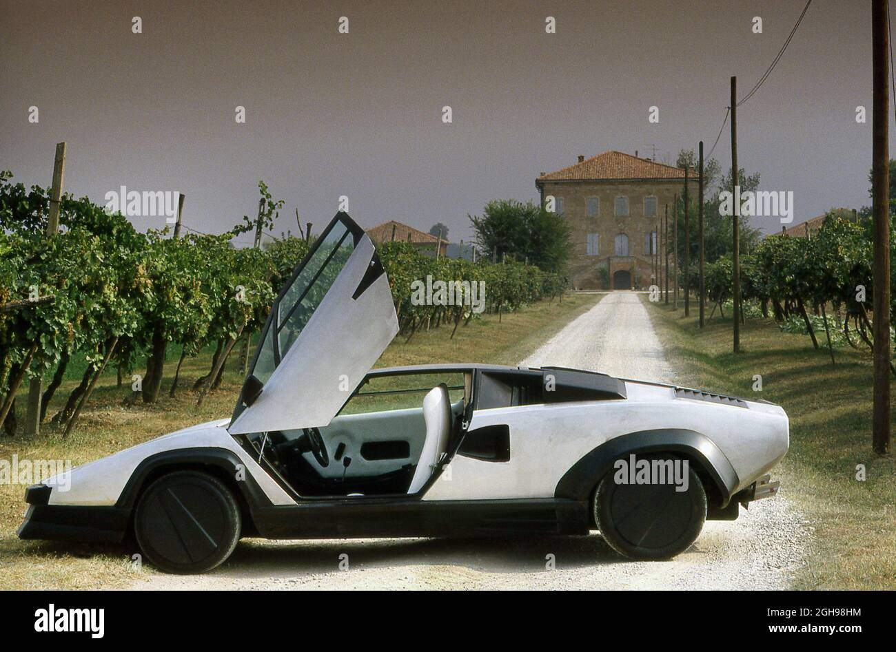1988 Lamborghini Countach Evoluzione (Carbon Fibre) prototype driving on test near the Factory at Sant'Agata Bolognese Italy Stock Photo