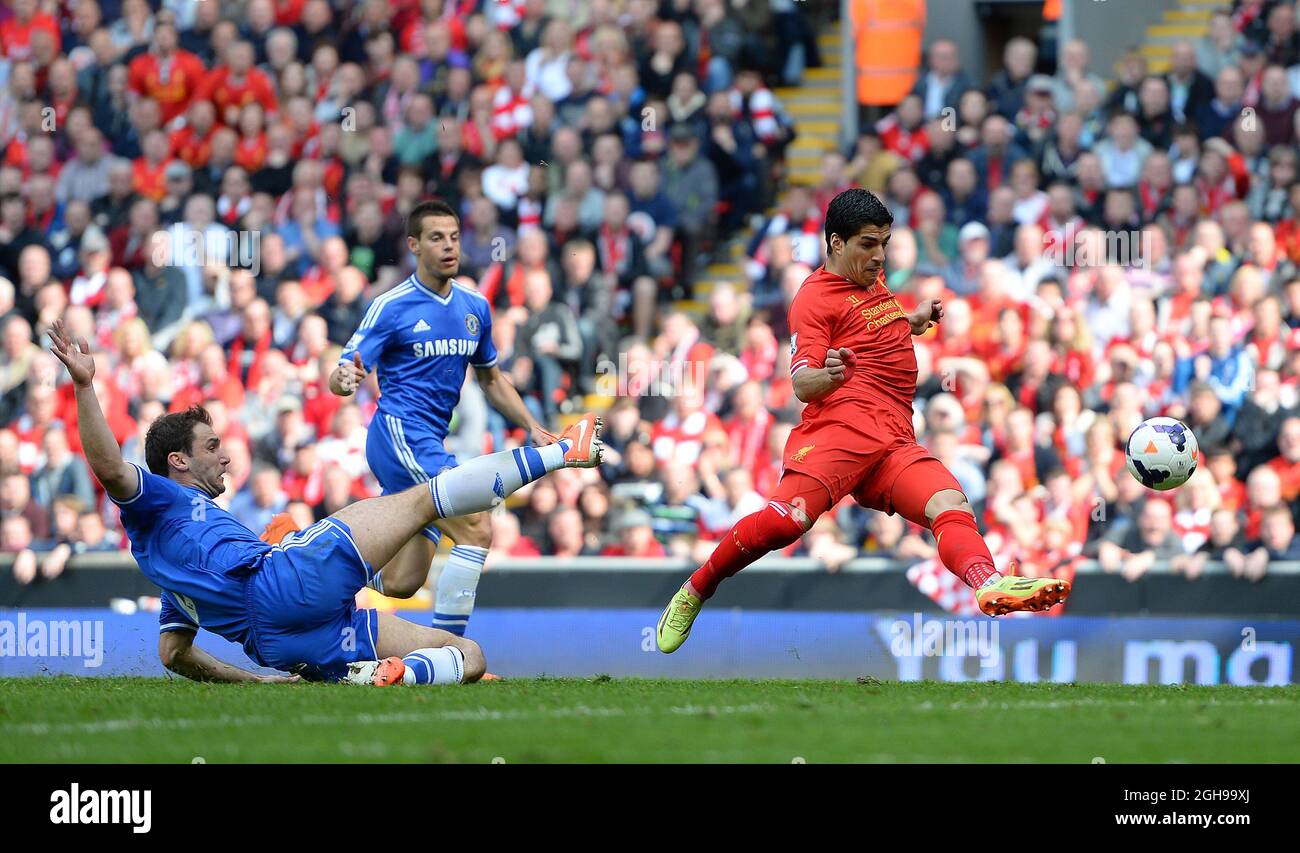 Luis Suarez of Liverpool fails to connect through on goal during the Barclays Premier League match between Liverpool and Chelsea at the Anfield Stadium in Liverpool, United Kingdom on 27th April 2014. Stock Photo