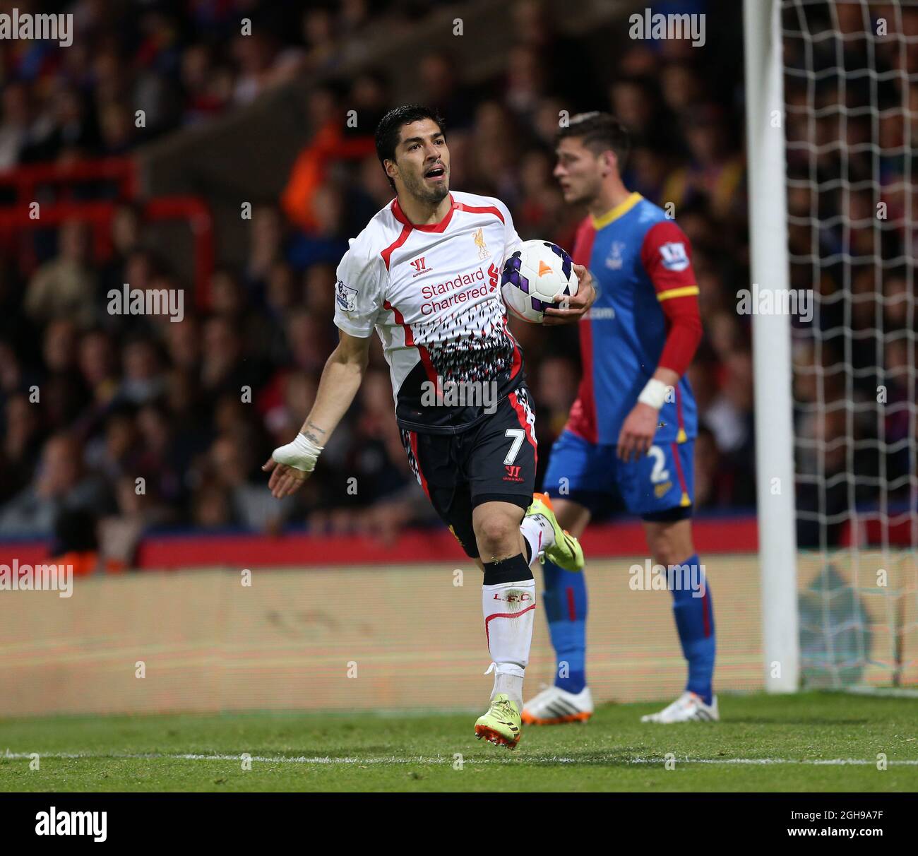 Liverpool's Luis Suarez celebrates scoring his sides third goal during the Barclays Premier League match between Crystal Palace and Liverpool held at Selhurst Park in London, UK on May 05, 2014. Stock Photo