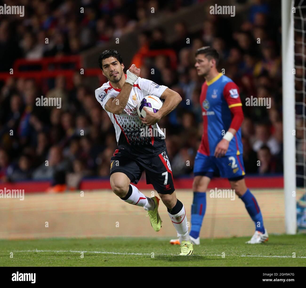 Liverpool's Luis Suarez celebrates scoring his sides third goal during the Barclays Premier League match between Crystal Palace and Liverpool held at Selhurst Park in London, UK on May 05, 2014. Stock Photo
