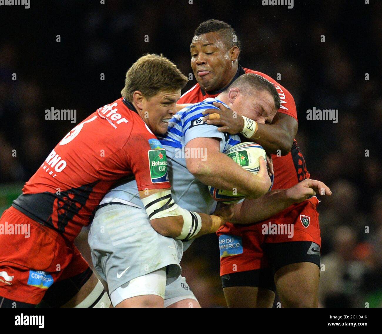 Juan Smith of RC Toulon and Steffon Armitage of RC Toulon wrap up Matt Stevens of Saracens during the Heineken Cup Final the match between RC Toulon and Saracens at the Millennium Stadium on May 24, 2014 in Cardiff, United Kingdom. Pic Simon Bellis/Sportimage. Stock Photo