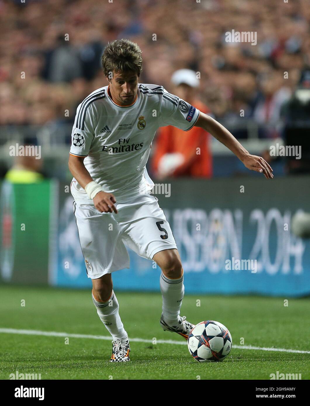 Real Madrid Fabio Coentrao in action during the UEFA Champions League soccer final match between Real Madrid and Atletico Madrid at Estadio da Luz Stadium in Lisbon, Portugal on May 24, 2014. Pictured by David Klein/Sportimage. Stock Photo