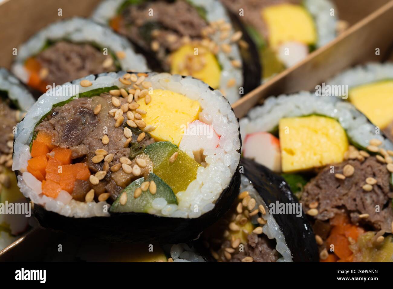 Close up of Korean style beef kimbap Stock Photo
