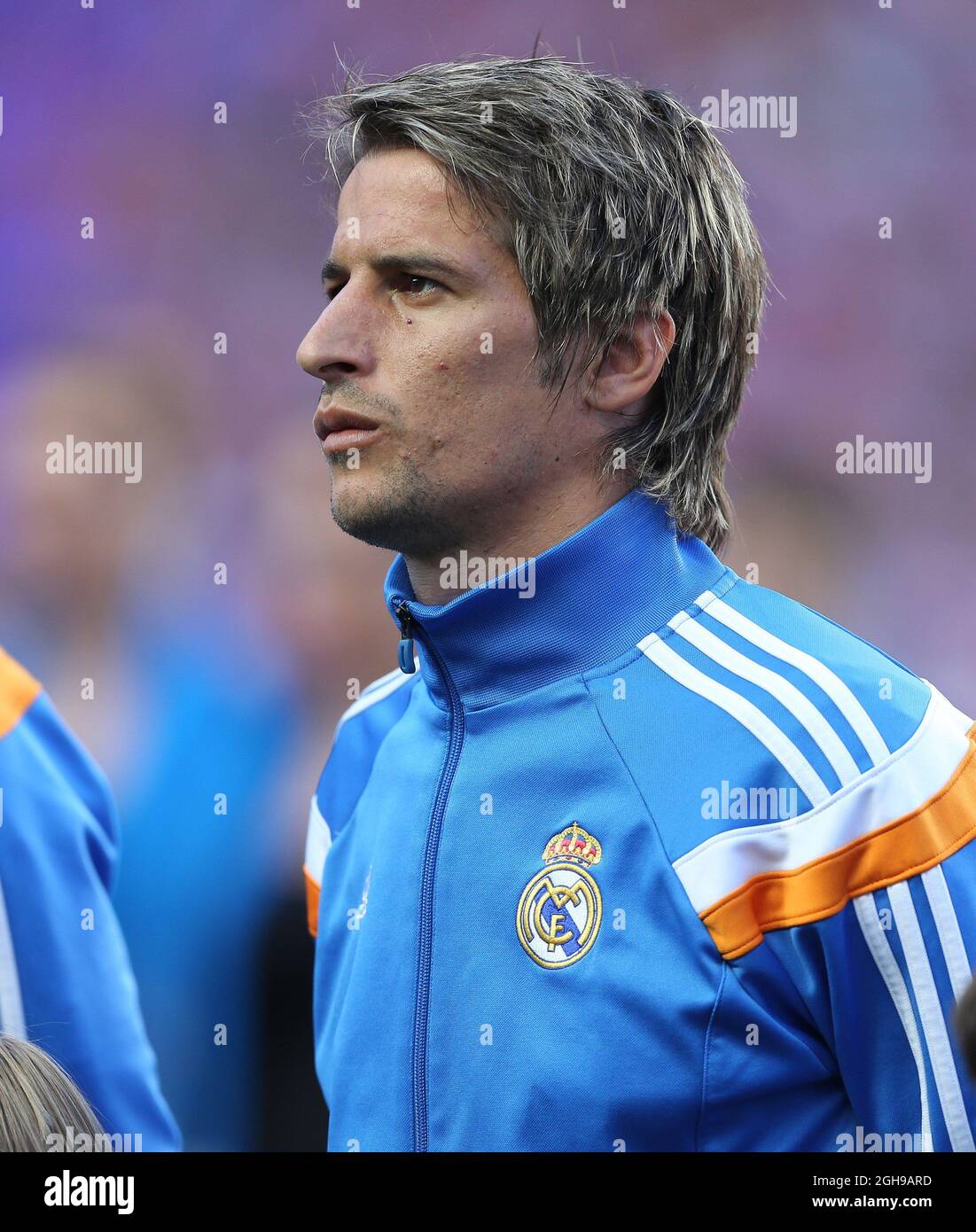 Real Madrid's Fabio Coentrao in action after the UEFA Champions League soccer final match between Real Madrid and Atletico Madrid at Estadio da Luz Stadium in Lisbon, Portugal on May 24, 2014. Pictured by David Klein/Sportimage. Stock Photo